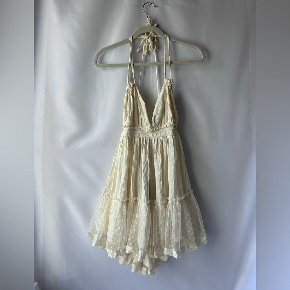 Cream Halter Flowy Sun Dress with Polka Dot Overlay - Picture 2 of 5
